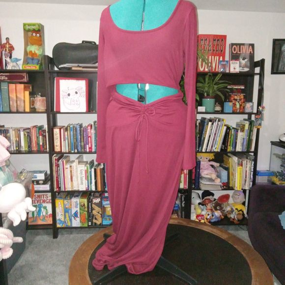 EARTHBOUND TRADING XXL Long Sleeve Maxi Cut-Out Dress Ribbed Maroon NEW with Tag - Picture 6 of 8